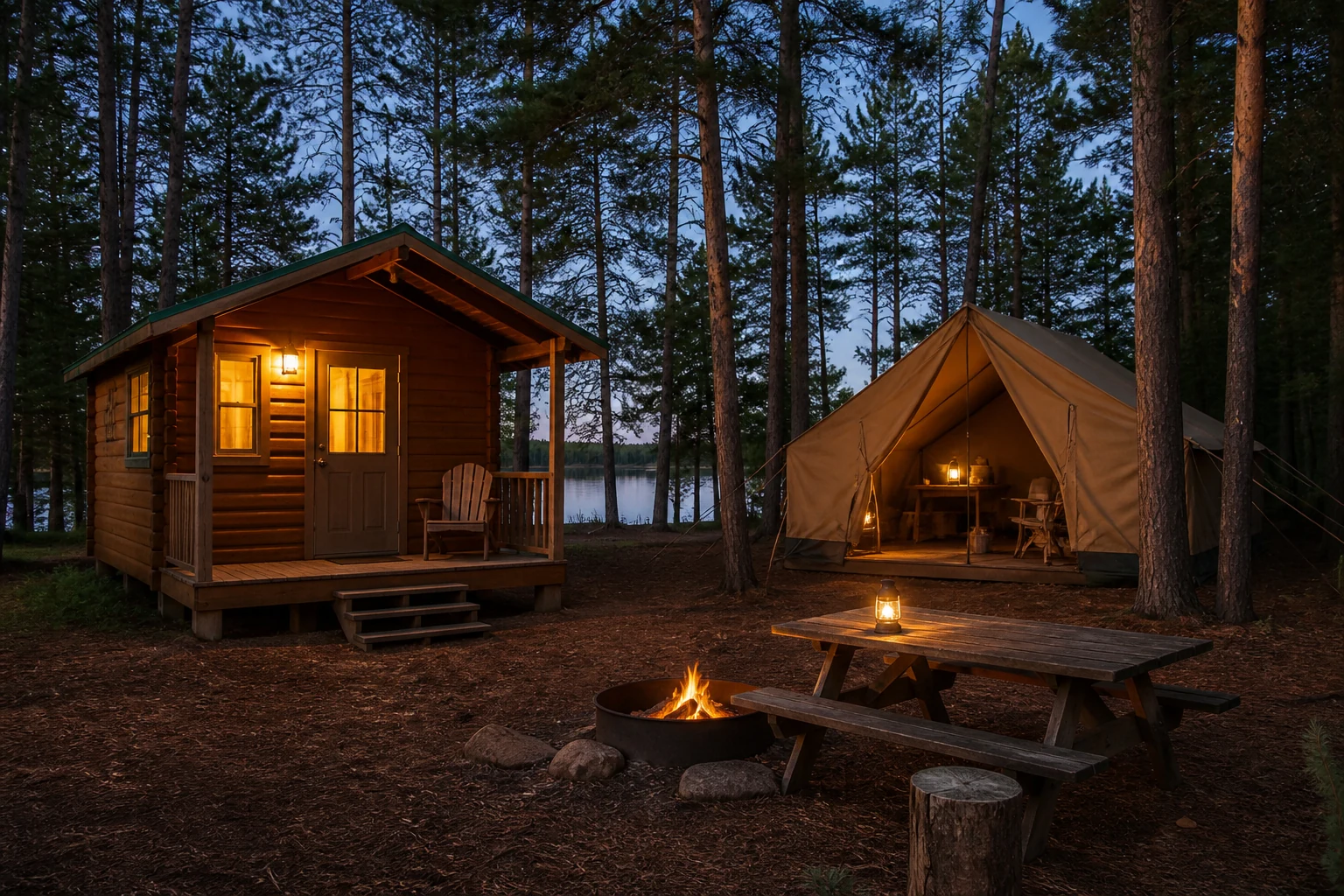 Ilustrasi glamping dan tenda di hutan tepi danau