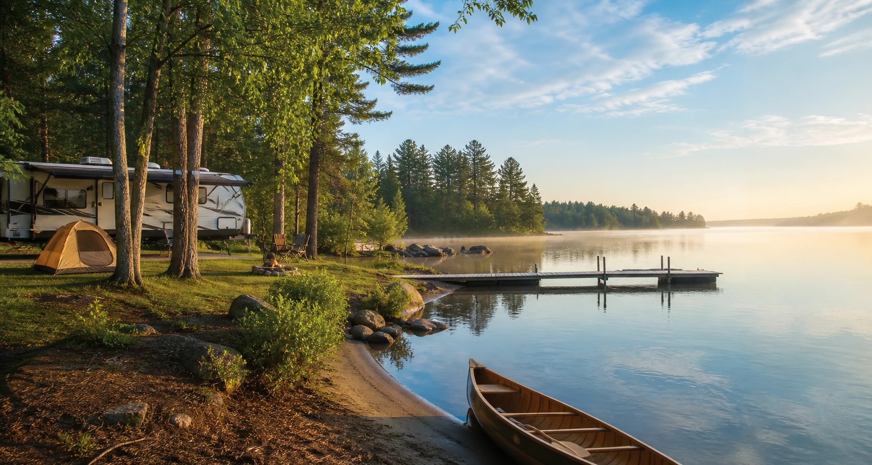 Perkemahan RV di tepi Trout Lake pada pagi hari